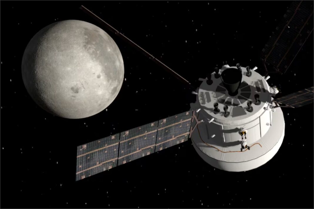 Ilustración de la cápsula Orion de la NASA sobrevolando la Luna.