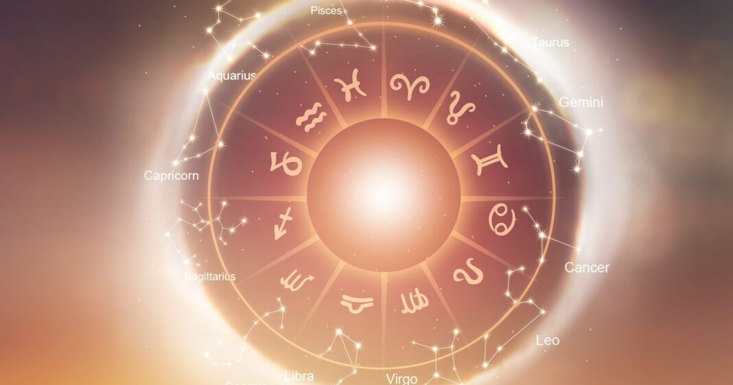 Ilustración de los doce signos del zodíaco dispuestos en un círculo.