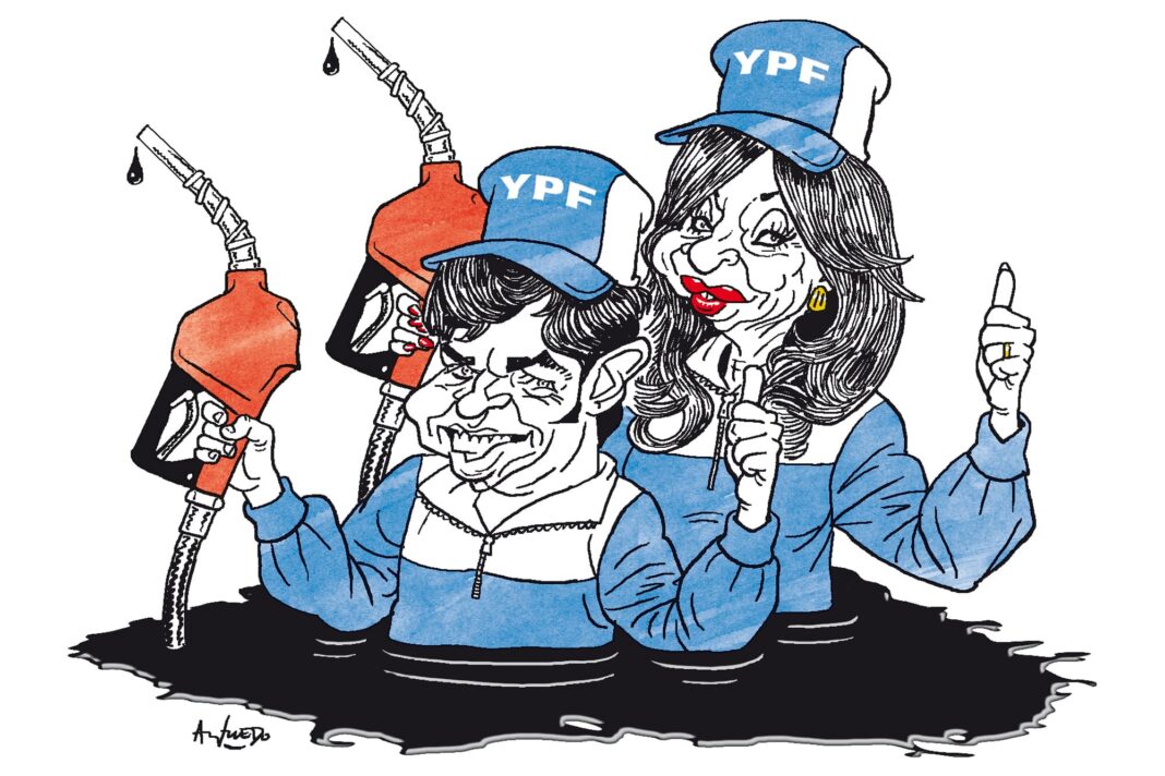 Símbolo de YPF y una gavilla de documentos judiciales sobre un mapa de Argentina.