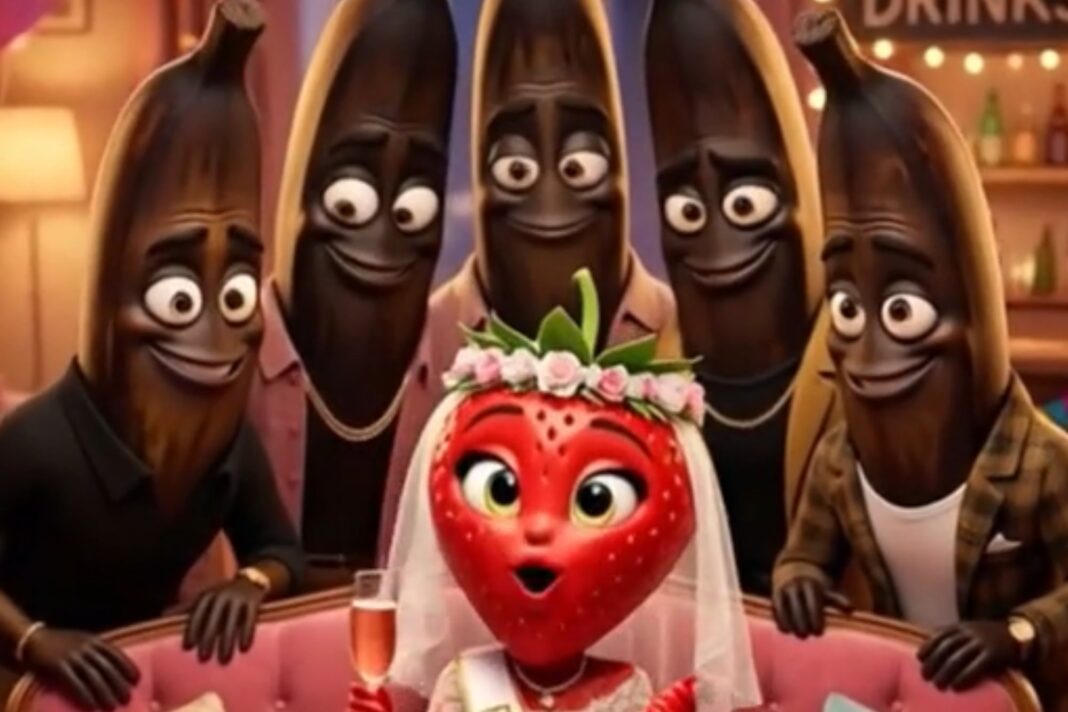 Ilustración de frutas animadas con expresiones humanas, representando una escena de discusión, creada con inteligencia artificial.