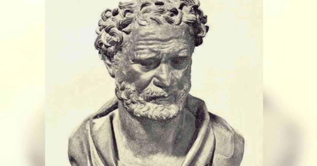 Representación artística del filósofo griego Demócrito, conocido como 'el filósofo que ríe'.