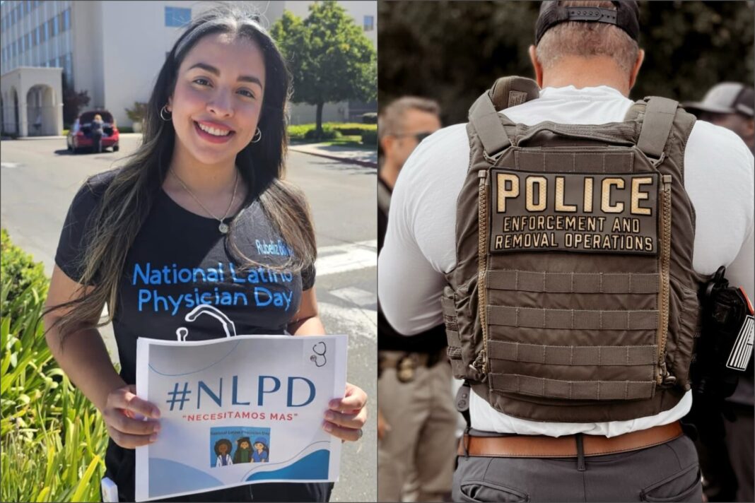 Ilustración de una doctora con bata blanca frente a un fondo que representa un centro de detención migratoria.