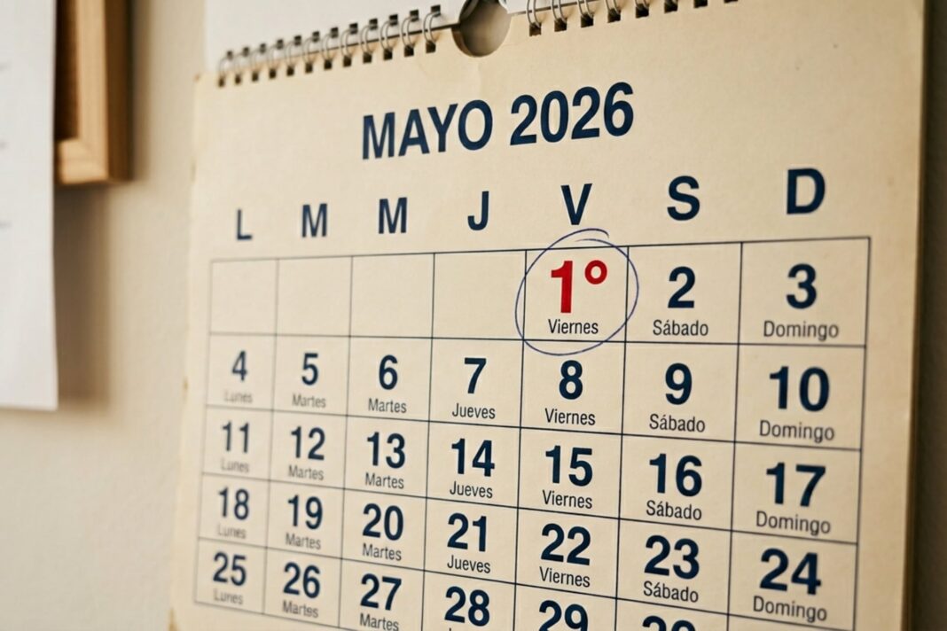 Calendario mostrando el feriado del 1 de mayo de 2026, Día del Trabajador, resaltado en rojo.