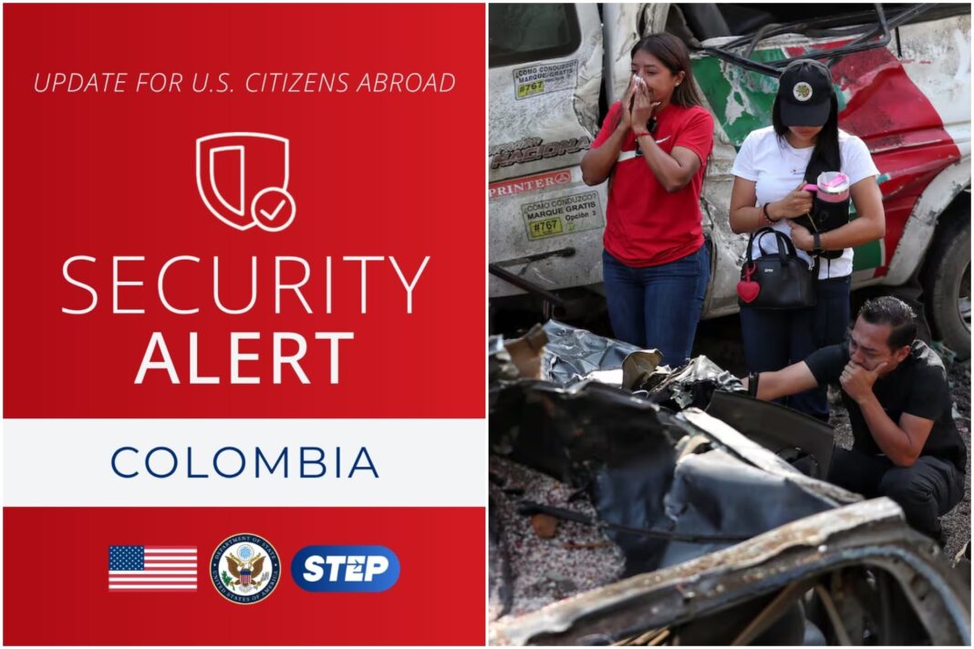 Mapa de Colombia con zonas de alerta de viaje según advertencia de EE.UU.