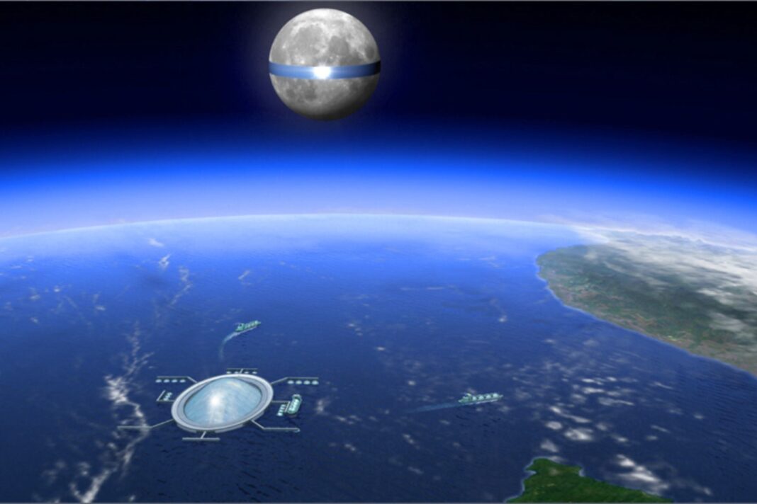 Representación artística del Luna Ring, un anillo de paneles solares alrededor del ecuador lunar