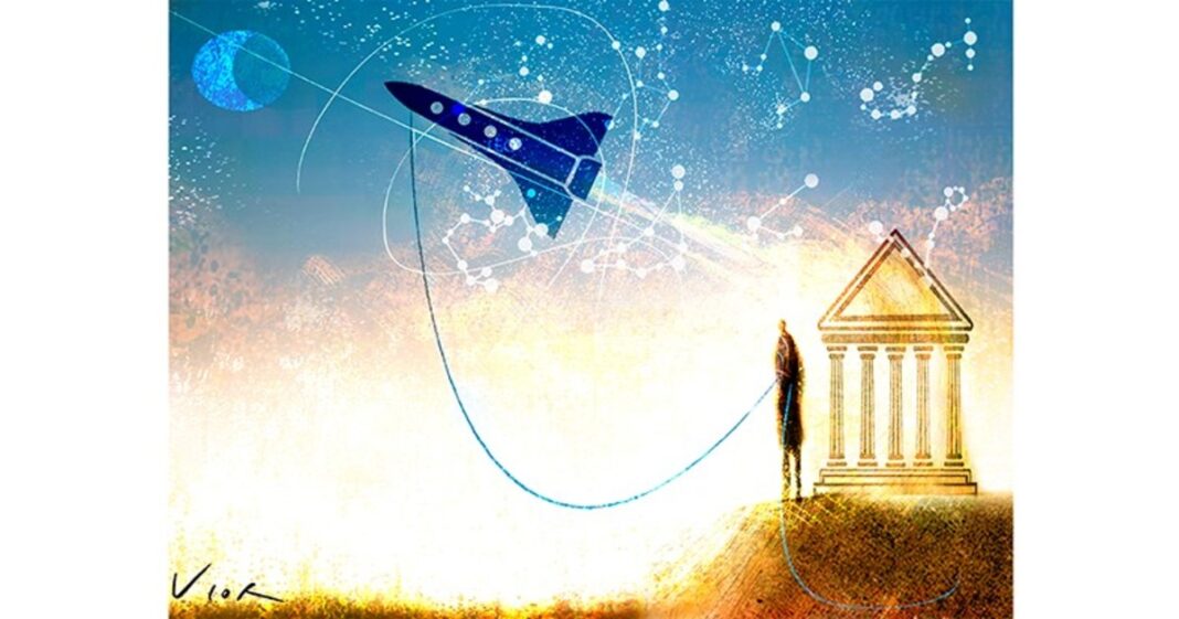 Ilustración que combina elementos de la mitología griega, como un templo, con un cohete espacial despegando hacia la Luna.