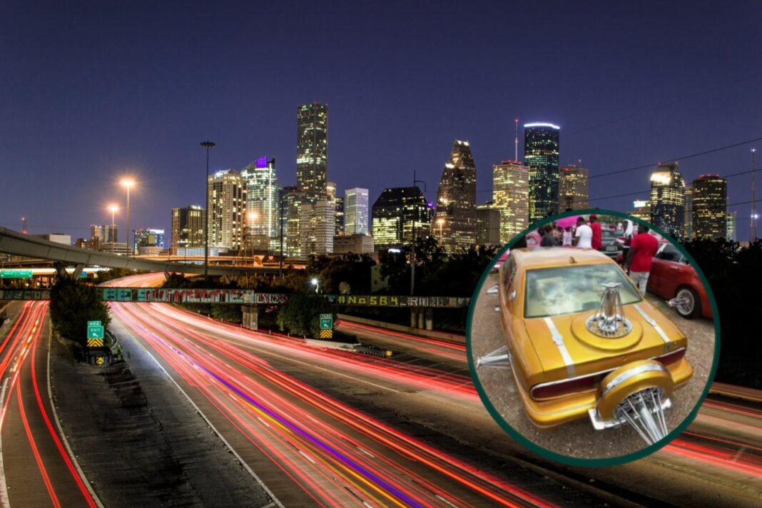 Swangaz, llantas metálicas sobresalientes en un auto modificado en Houston