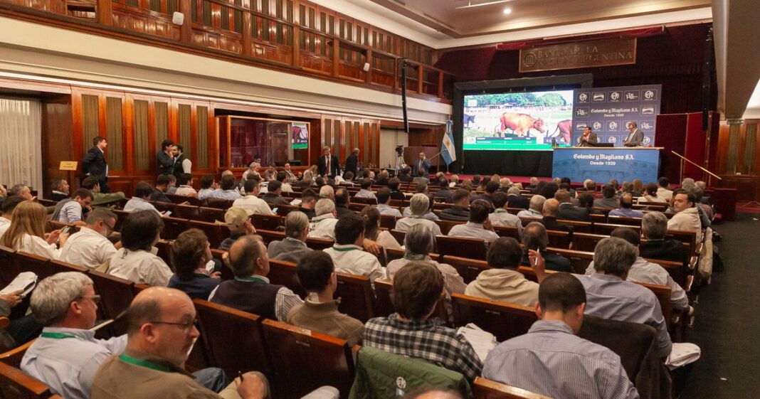Interior del salón de actos del Banco Nación durante el Gran Remate de hacienda, con asistentes y pantallas mostrando la subasta.