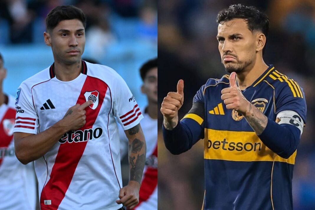 Escudo de River Plate y escudo de Boca Juniors enfrentados, representando el Superclásico argentino.