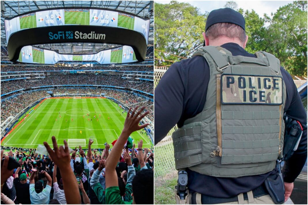 Trabajadores del servicio de alimentación en el exterior del SoFi Stadium, sede del Mundial 2026 en Los Ángeles.