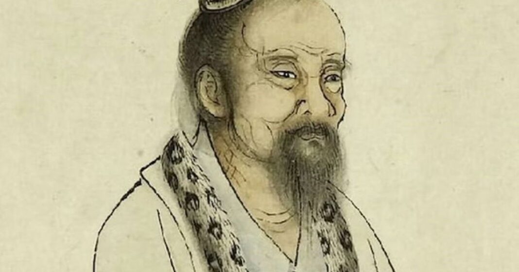 Ilustración de un zapato tradicional chino junto a un pie, representando la metáfora de Zhuang Zi sobre el equilibrio