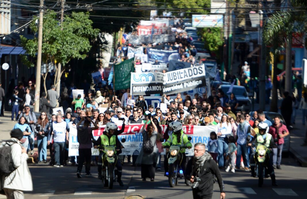 Marcha universitaria en Argentina con carteles y banderas
