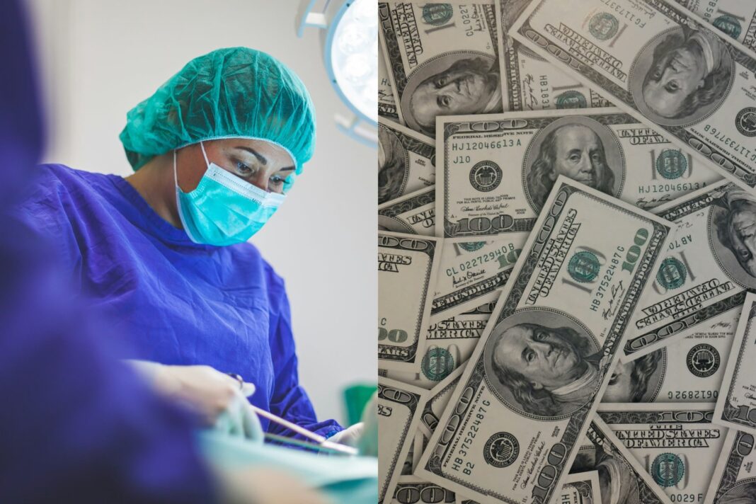 Enfermera trabajando en un hospital de California con gráfico de salarios en segundo plano