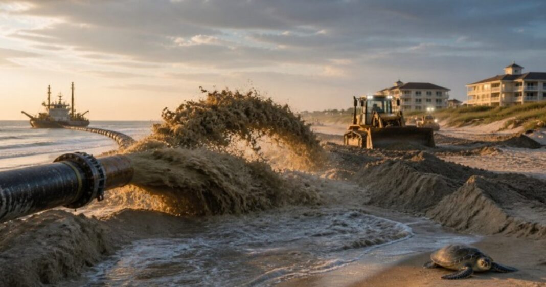 Dragas y maquinaria pesada en la playa de Hilton Head Island durante el proyecto de reconstrucción de playas