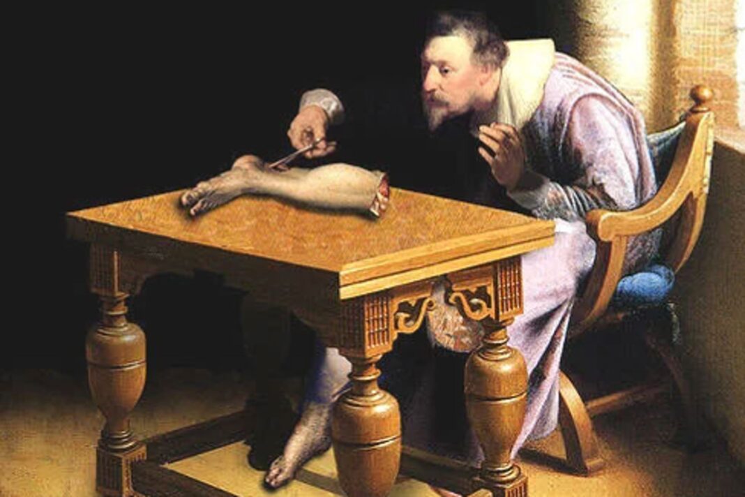 Ilustración de una persona con dolor en un miembro fantasma, con un brazo o pierna faltante y señales de dolor