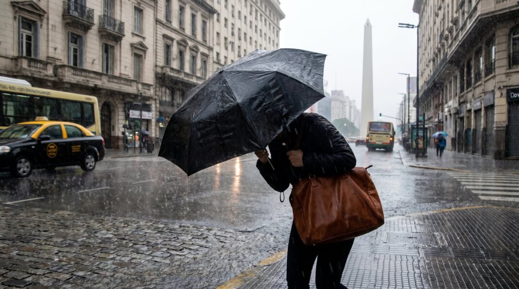 Lluvia en la Ciudad de Buenos Aires con edificios de fondo