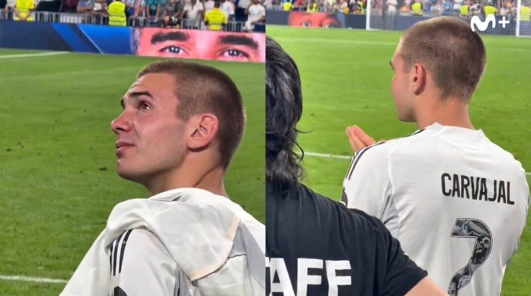 Franco Mastantuono llorando durante el homenaje a Dani Carvajal en el Santiago Bernabéu