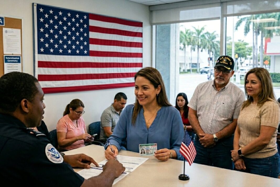 Formulario N-400 de Uscis y green card sobre una mesa