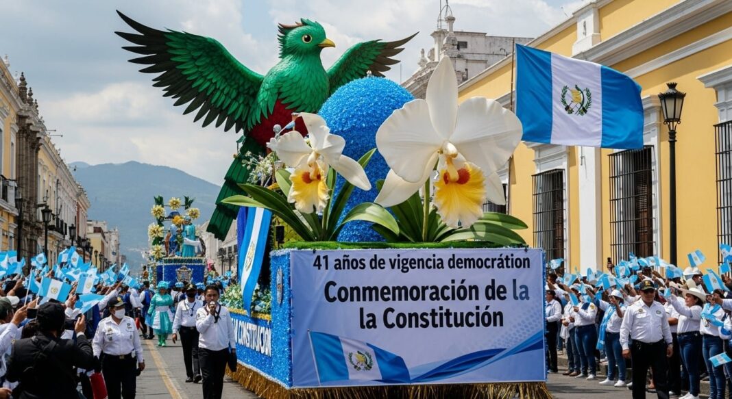 Bandera de Guatemala junto a un documento de la Constitución Política