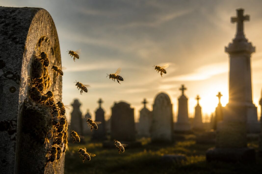 Abeja minera de la especie Andrena regularis en un suelo de cementerio