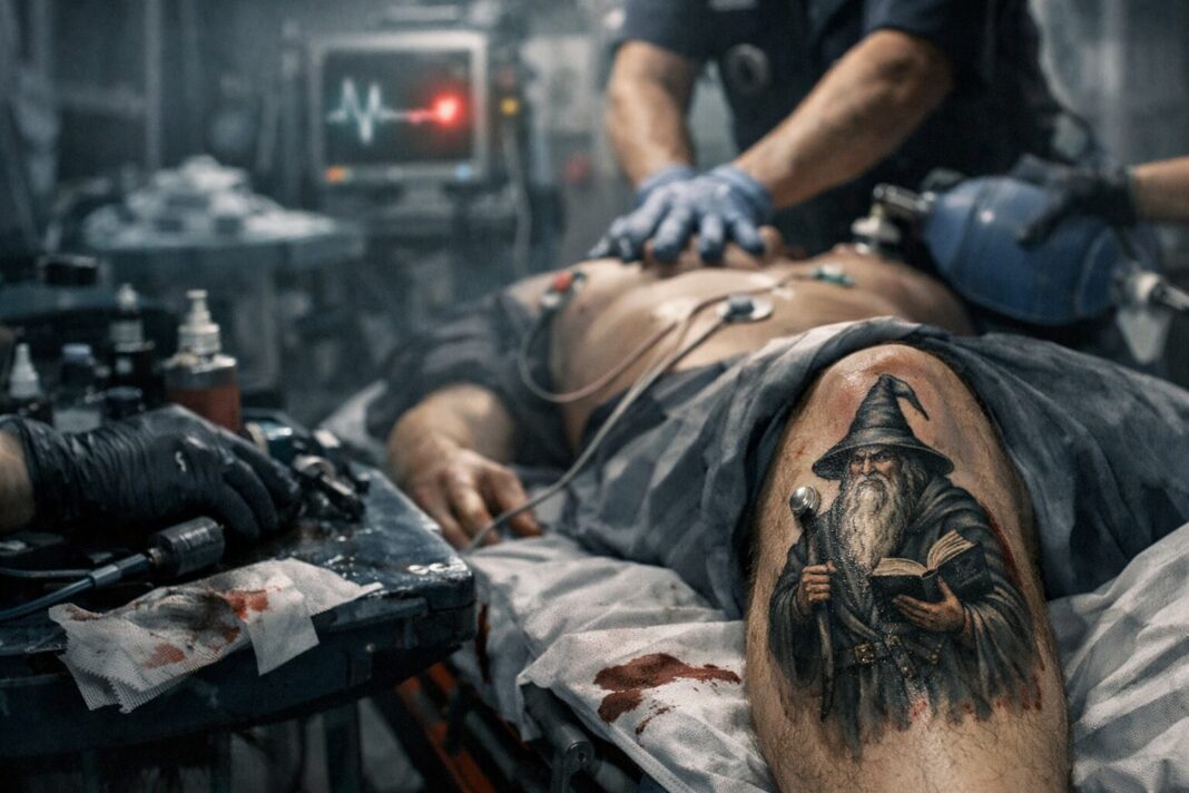 Tatuaje en pierna derecha de joven fallecido tras exposición en Medellín