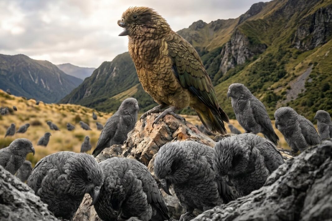 Loro kea Bruce con medio pico en la Reserva de Vida Silvestre de Willowbank, Christchurch, Nueva Zelanda