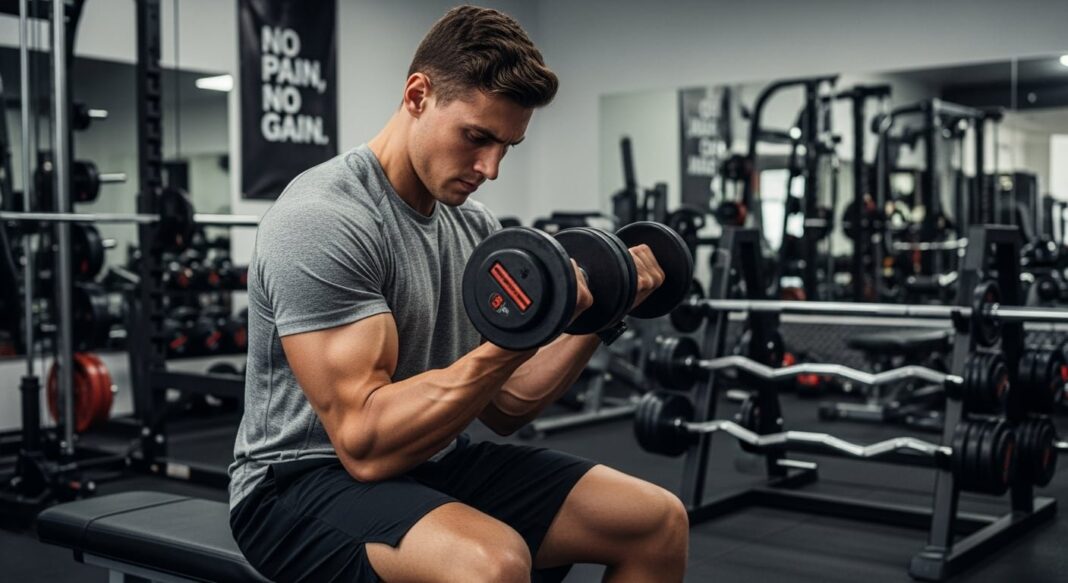 Persona realizando ejercicio de fuerza con pesas en un gimnasio