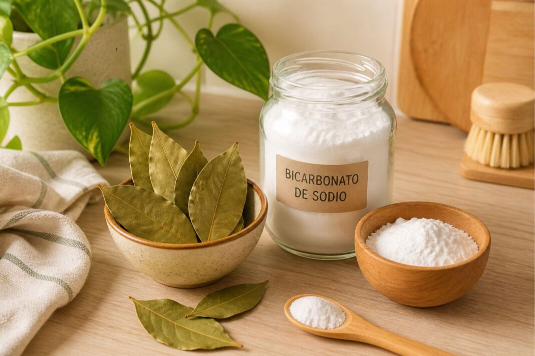 Hojas de laurel y bicarbonato de sodio sobre una mesa de cocina