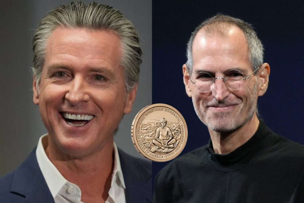Moneda de US$1 con la imagen de Steve Jobs sentado frente a un paisaje de California