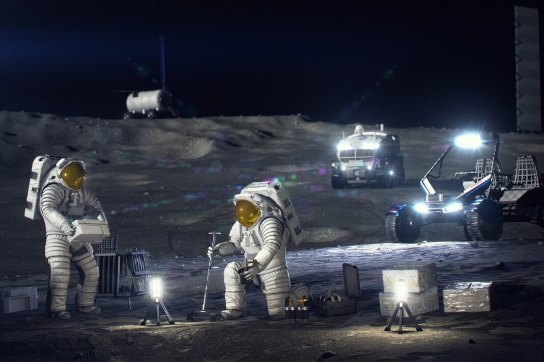 Representación de la base lunar Moon Base con vehículos y astronautas en el polo sur de la Luna