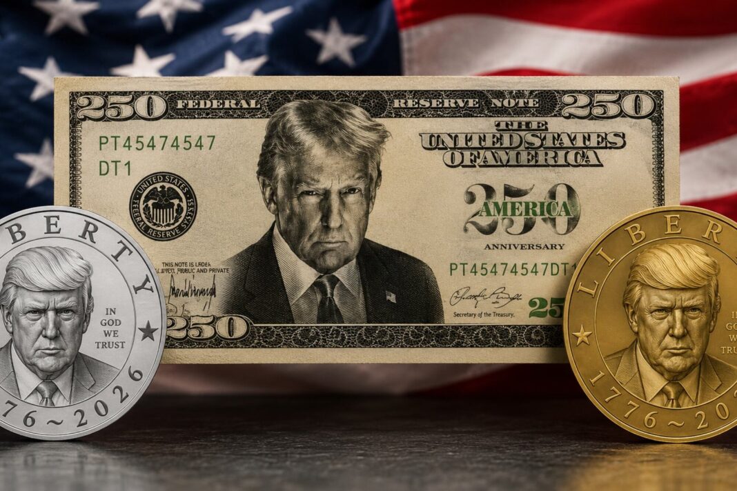 Boceto de billete de US$250 con la imagen de Donald Trump