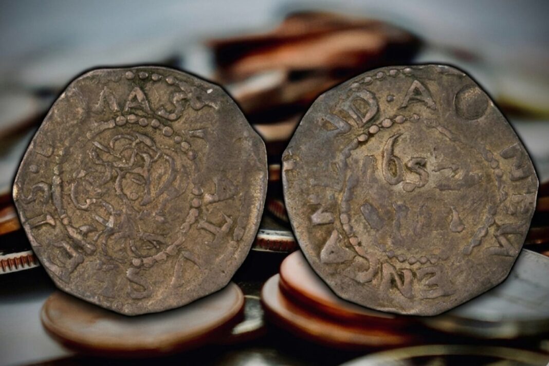 Moneda Willow Tree de tres peniques de 1652, acuñada en plata, con diseño de árbol