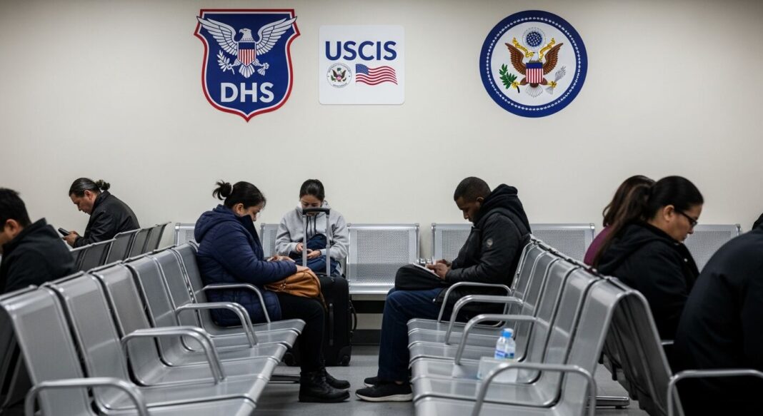Persona revisando documentos migratorios en una computadora