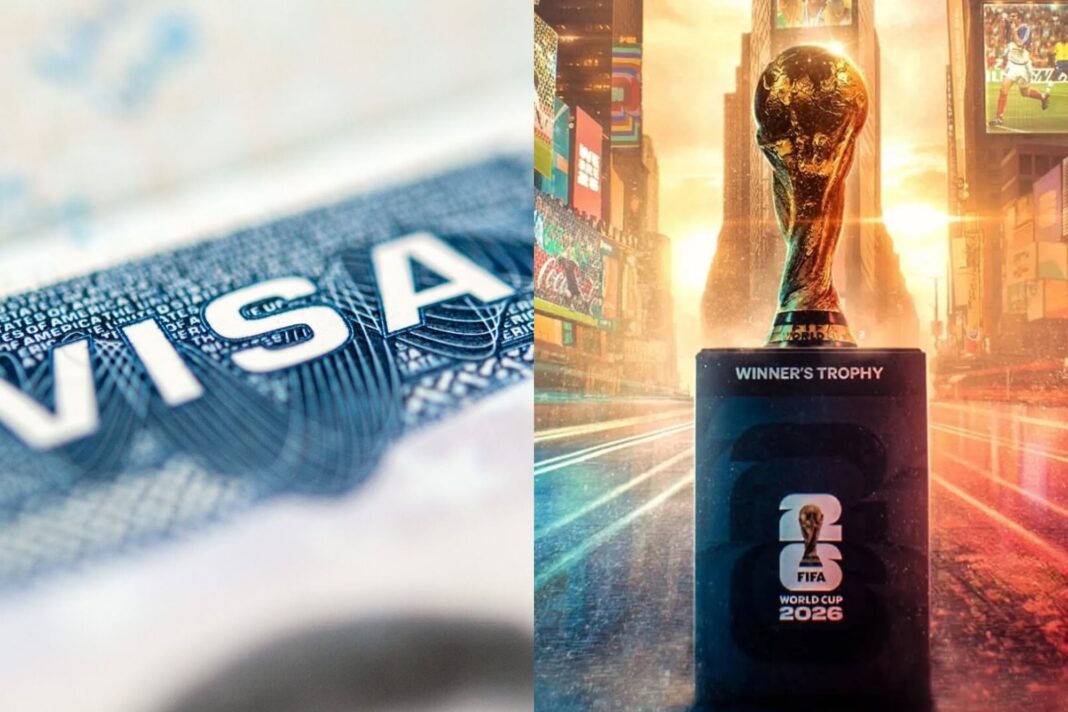 Pasaporte y visa estadounidense sobre fondo de bandera de Estados Unidos y México