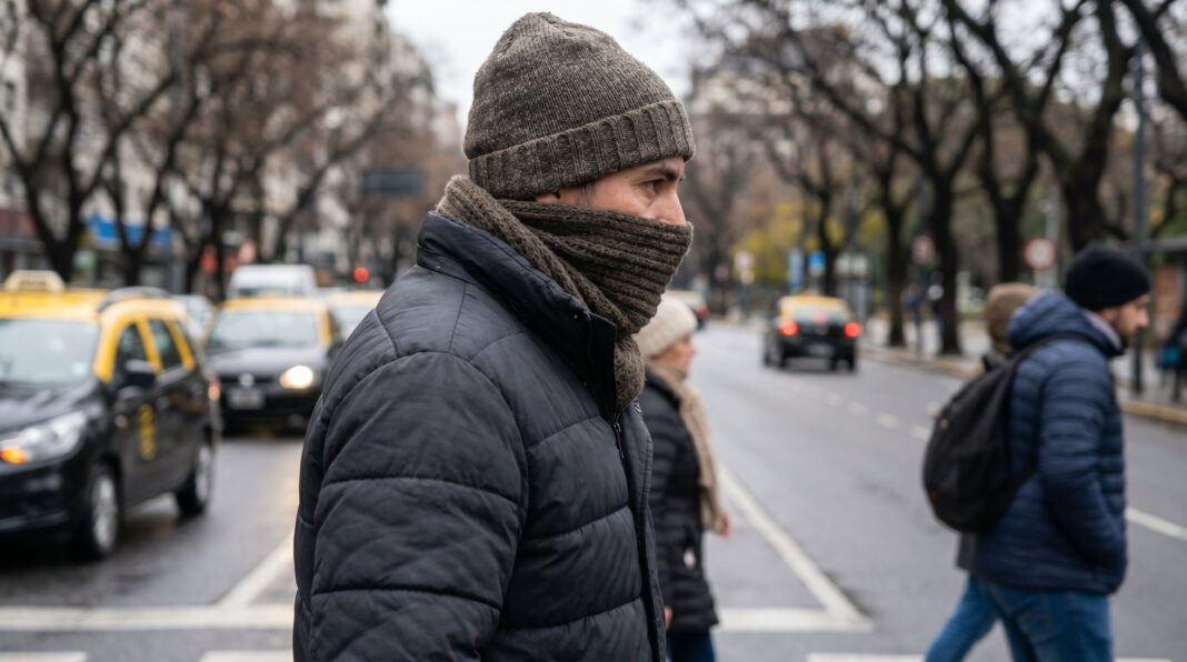 Vista de la ciudad de Buenos Aires en un día frío y despejado, con termómetro marcando baja temperatura