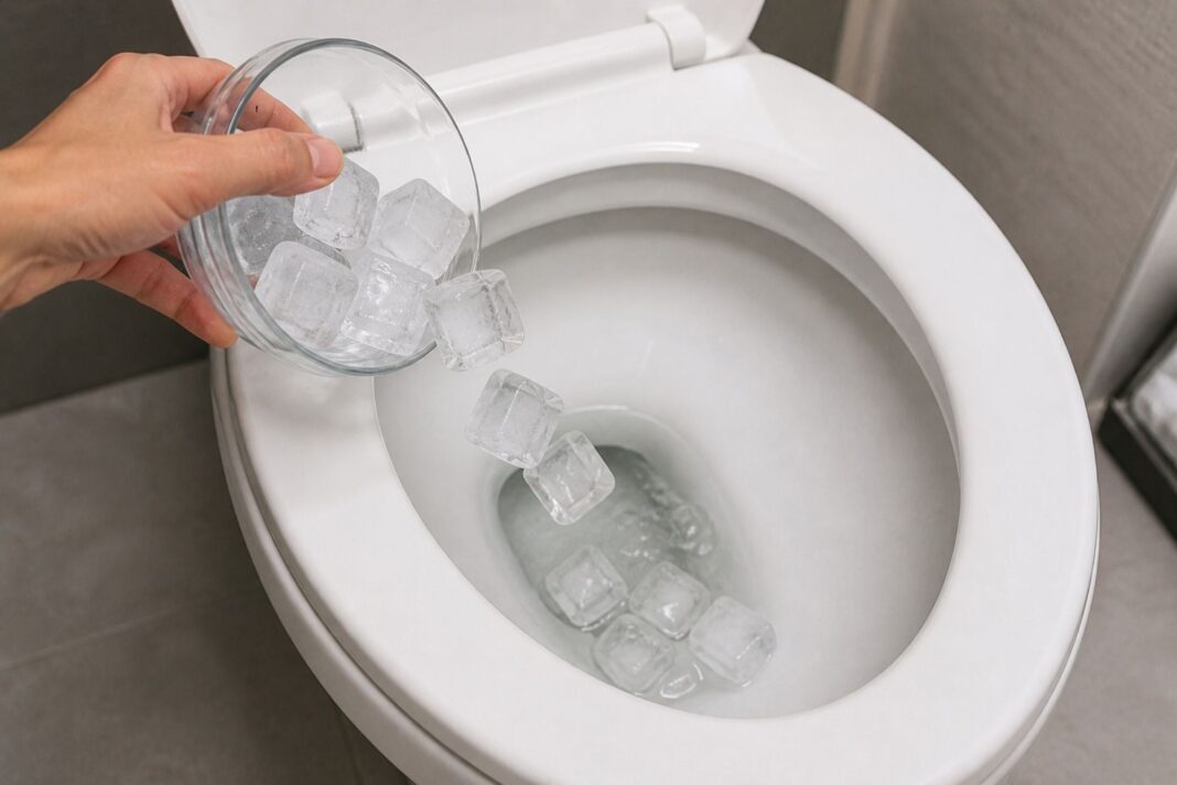 Cubos de hielo dentro de un inodoro como parte de un truco casero de limpieza