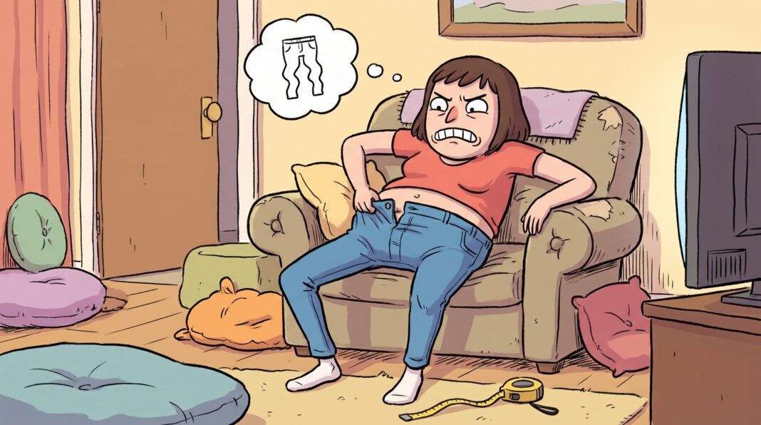 Persona con ropa ajustada que comprime el cuerpo, como pantalones ceñidos y faja