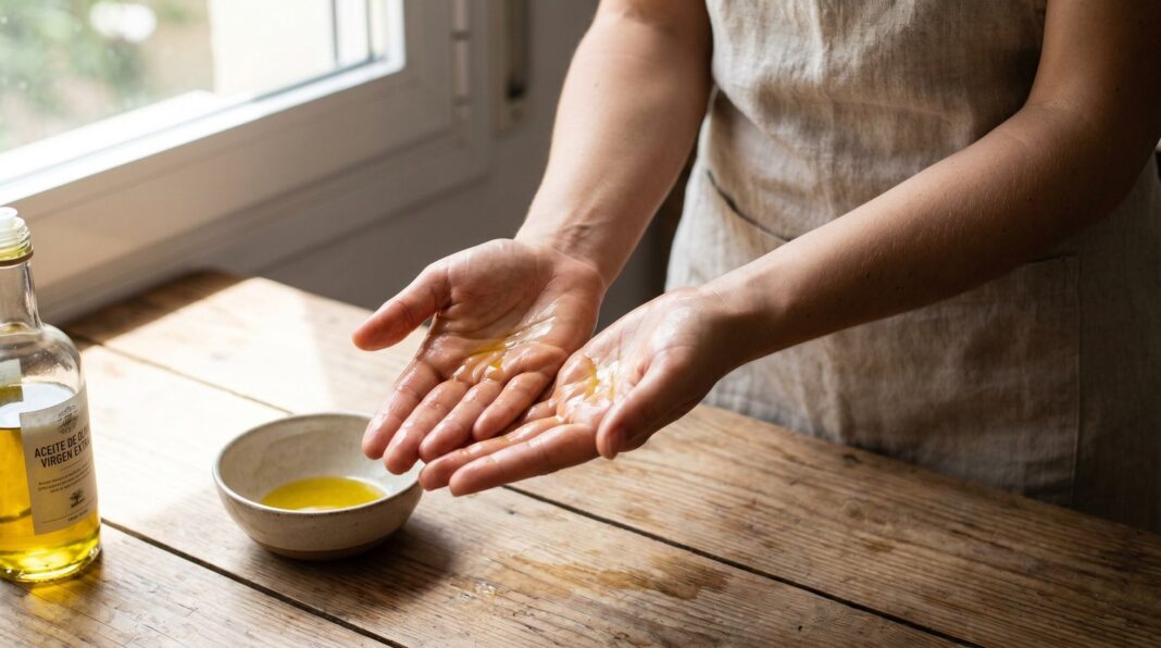 Aceite de oliva extra virgen en un recipiente de vidrio junto a un paño