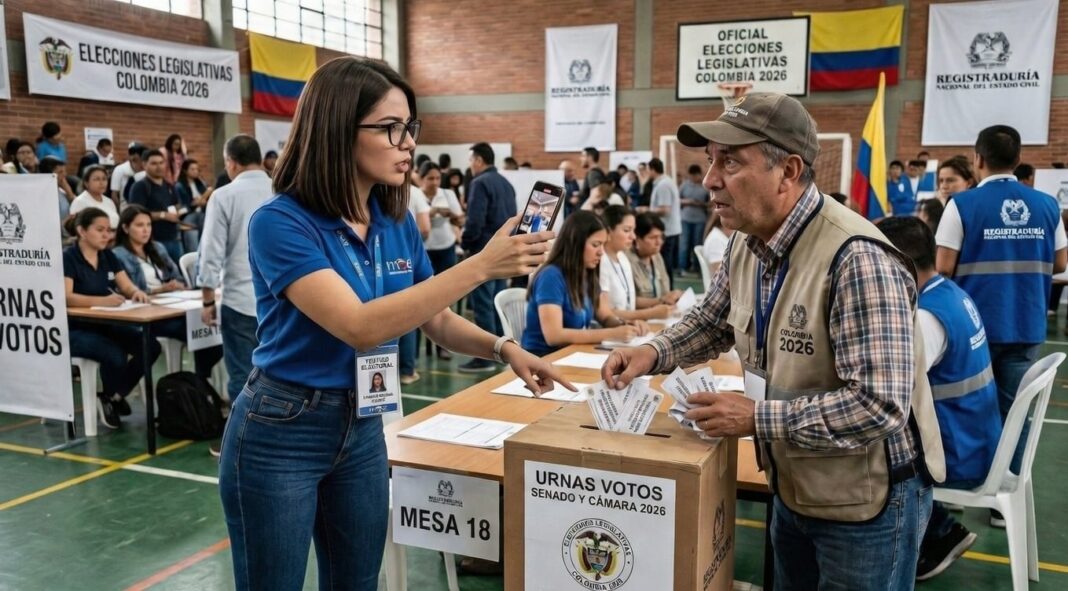 Personas votando en mesa electoral con testigos observando