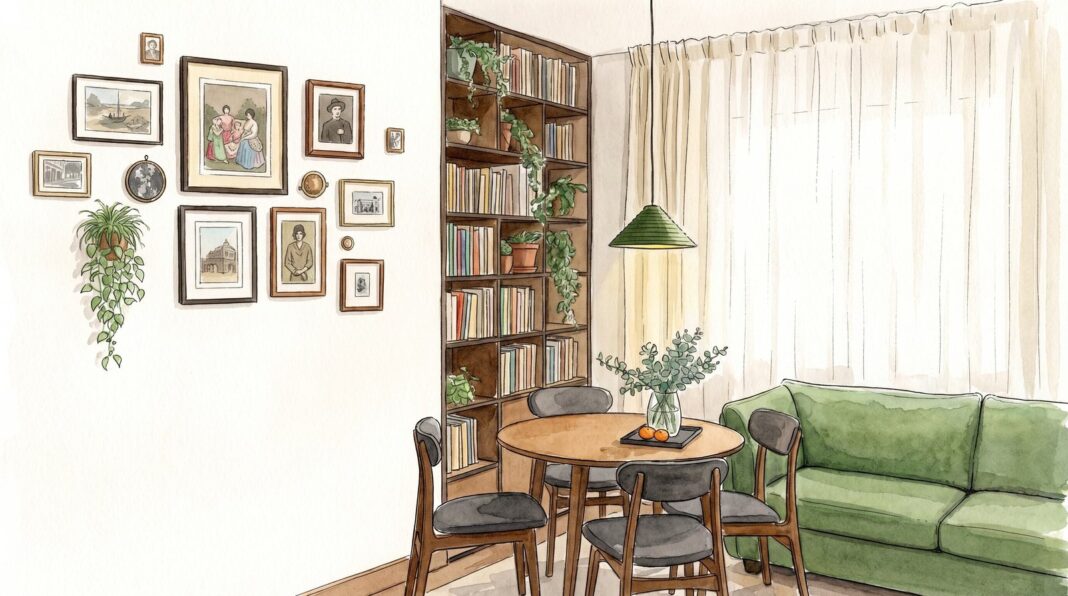 Sala de estar decorada con muebles vintage y objetos antiguos