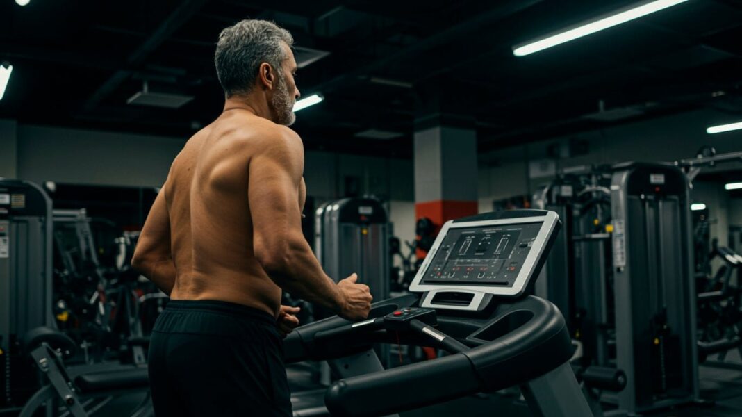 Adulto mayor realizando entrenamiento HIIT en un gimnasio