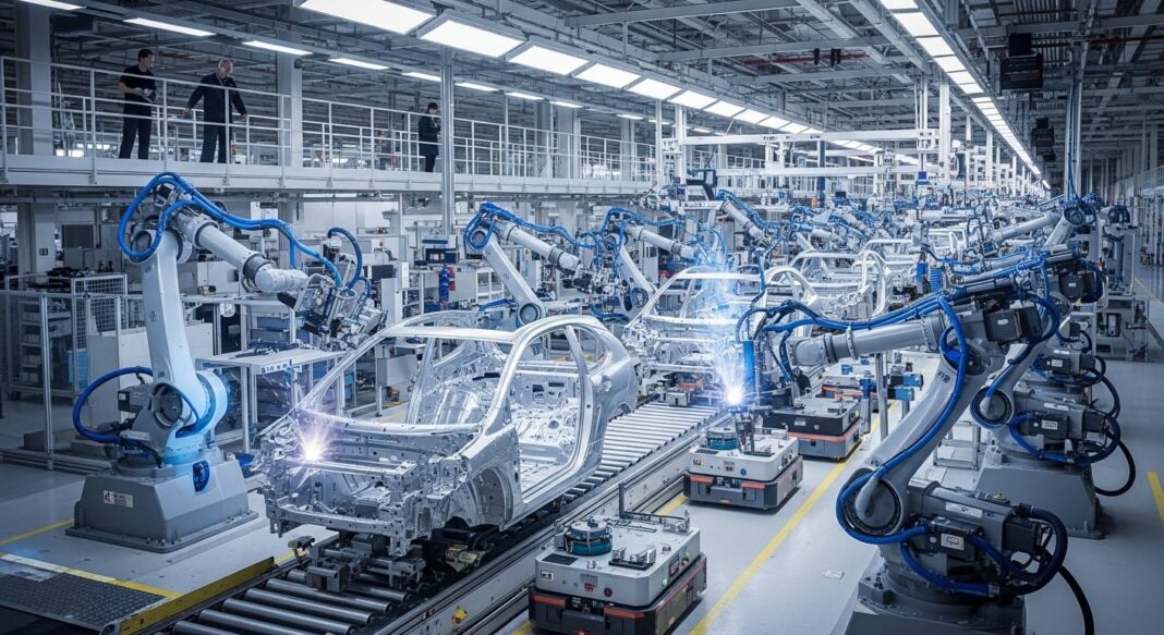 Brazos robóticos en línea de montaje de planta automotriz