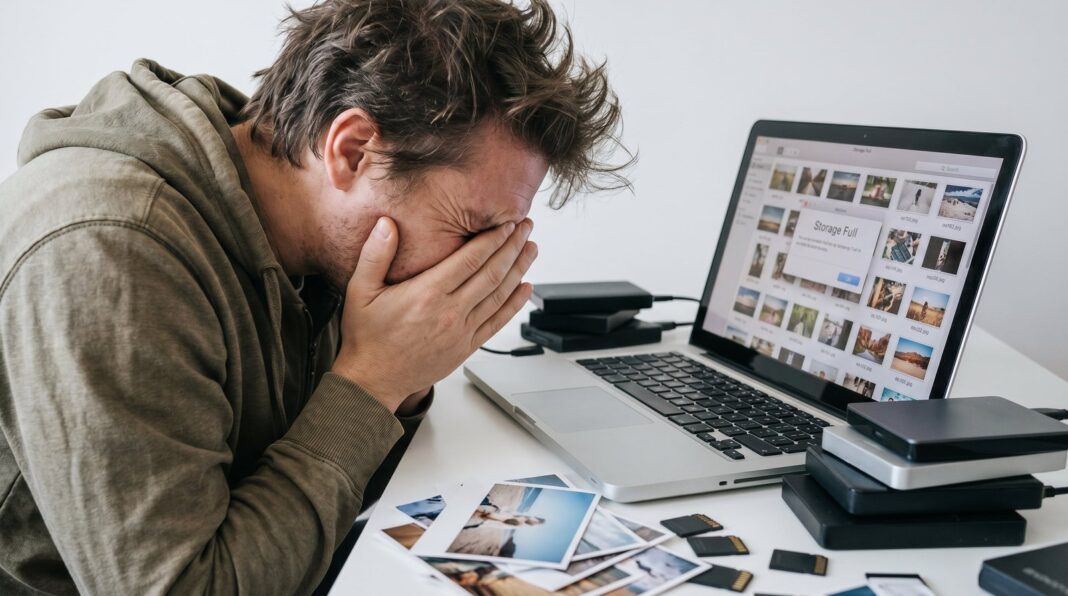 Persona mirando una pantalla con múltiples archivos y carpetas desordenadas