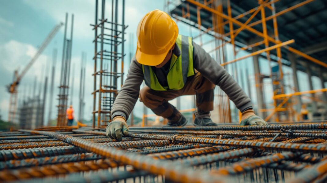 Trabajadores de la construcción en obra con herramientas