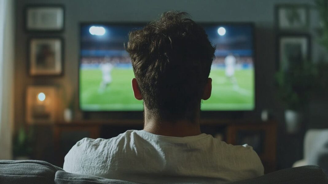 Aficionados viendo un partido del Mundial en casa con comida y bebida
