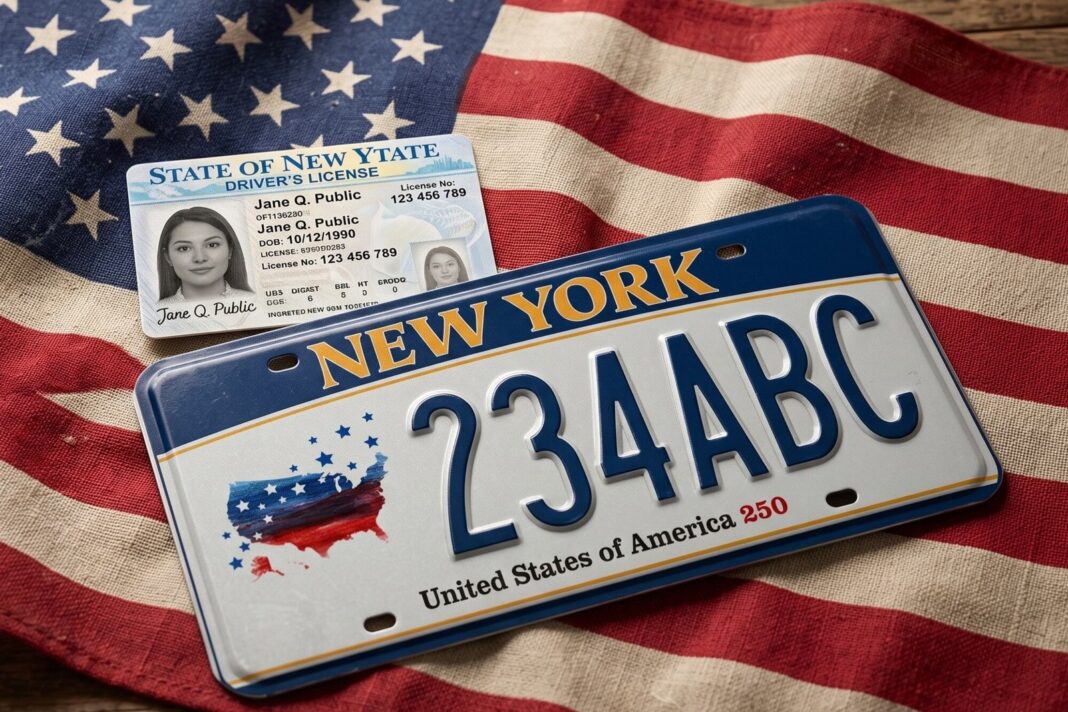 Placa conmemorativa del DMV de Nueva York por el 250 aniversario de la independencia de Estados Unidos