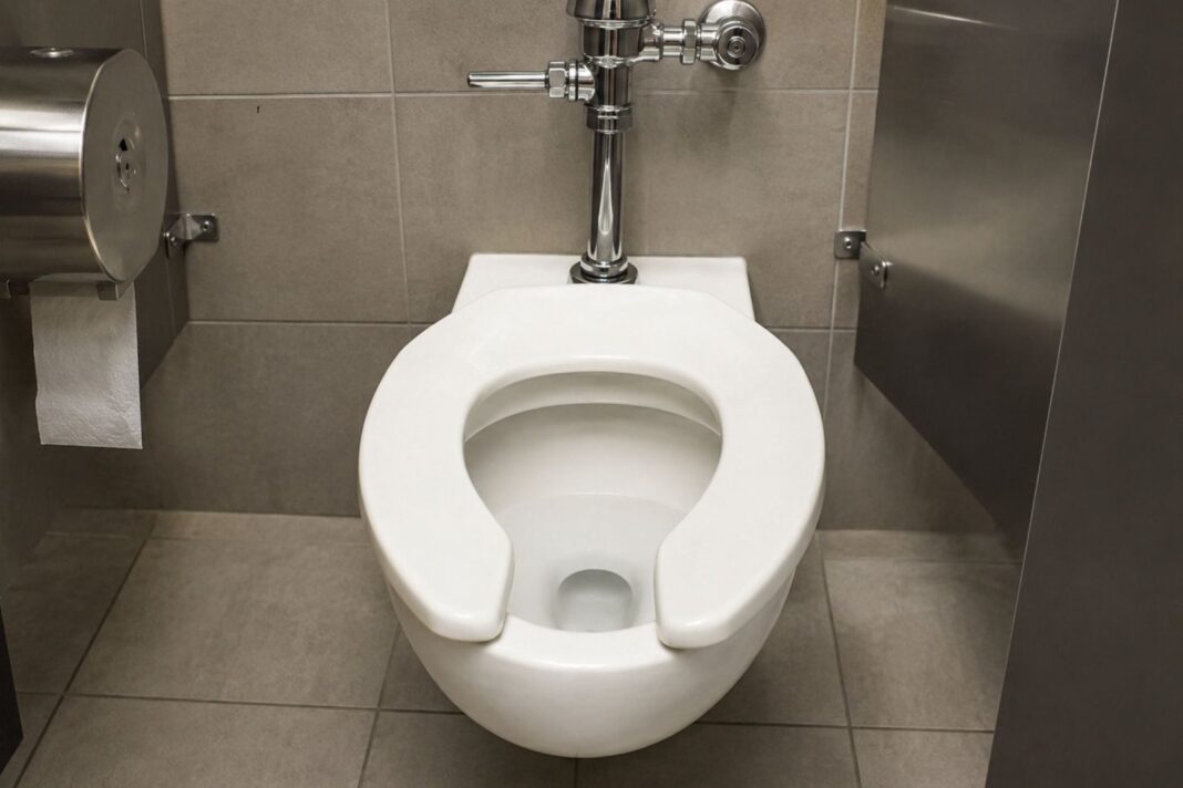 Inodoro público con asiento en forma de U en un baño de aeropuerto