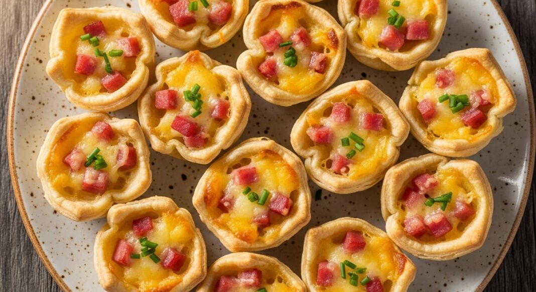 Canastitas de jamón, queso y huevo recién horneadas sobre una fuente