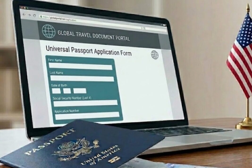 Persona sosteniendo un pasaporte estadounidense frente a una computadora portátil