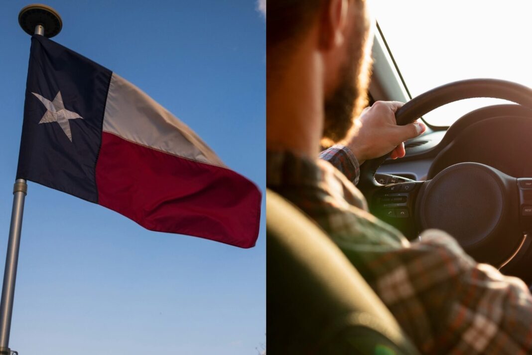 Conductor de camión en carretera de Texas con señal de tránsito en inglés